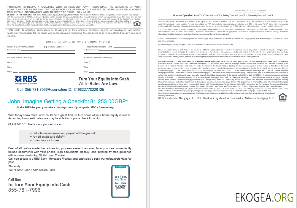 Royaume , Uni Relevé de prêt hypothécaire bancaire de la Royal Bank of Scottish (RBS) aux formats Word et PDF, 4 pages 3, 4